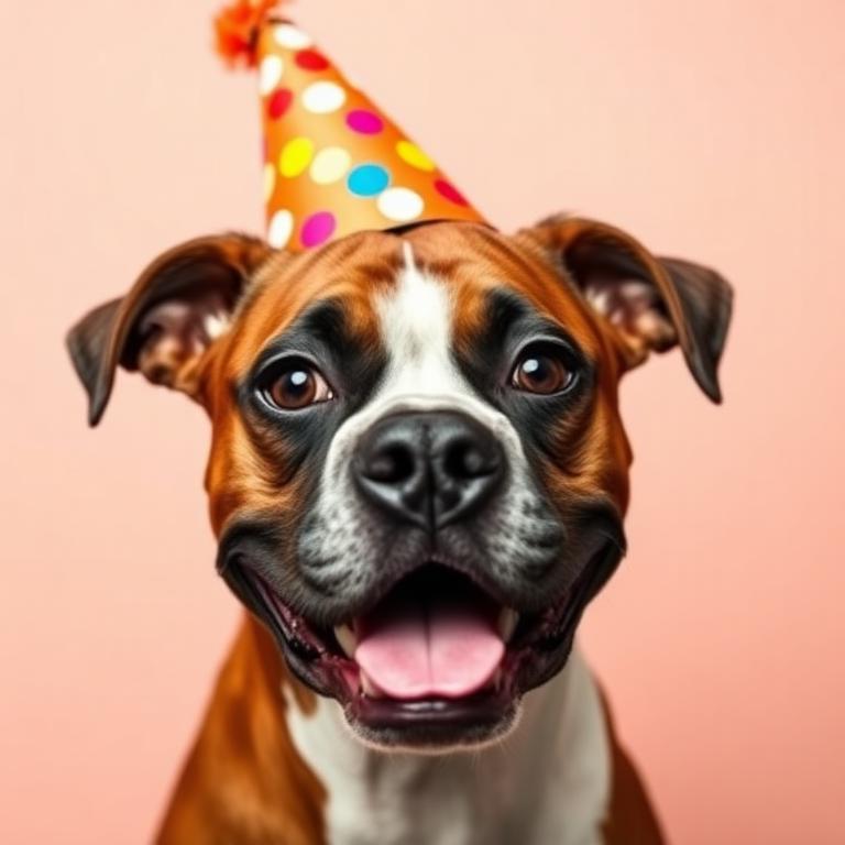 Boxer wearing a party hat