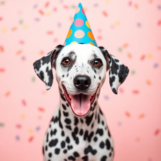 Dalmatian wearing a party hat