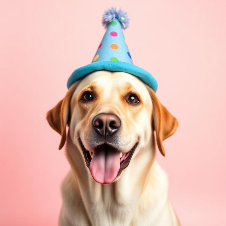 Labrador Retriever wearing a party hat