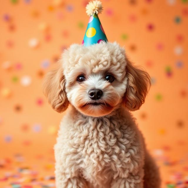 Poodle wearing a party hat
