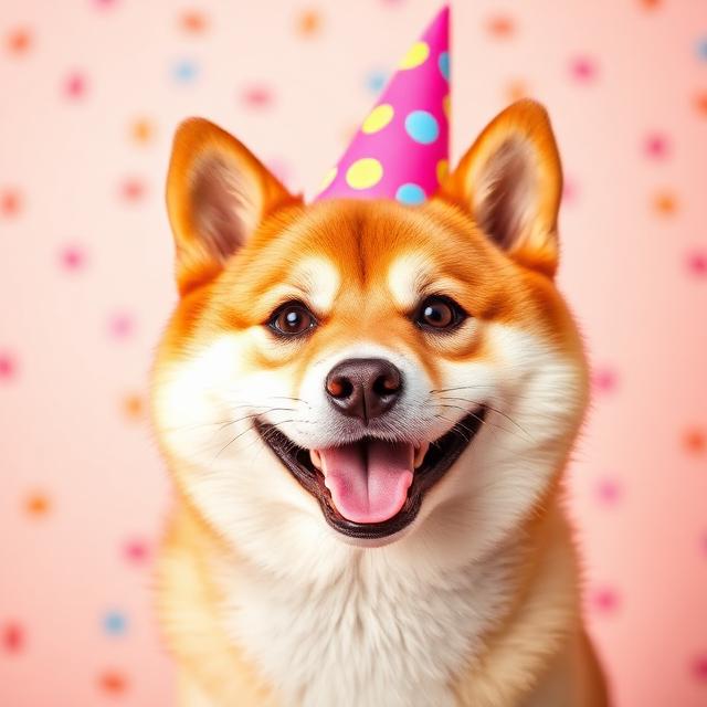 Shiba Inu wearing a party hat