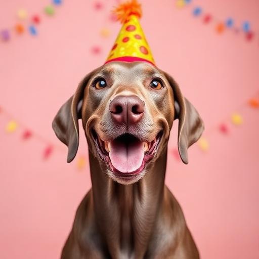 Weimaraner wearing a party hat
