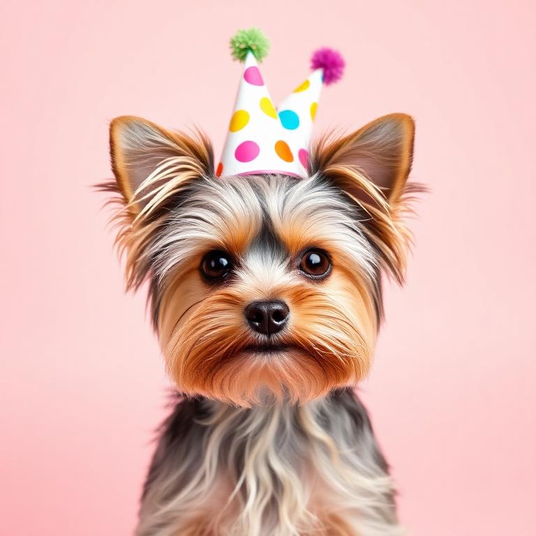 Yorkshire Terrier wearing a party hat